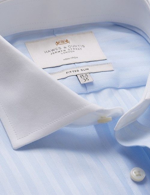 Non-Iron Blue Herringbone Stripe Fitted Slim Shirt - Windsor Collar & Double Cuff