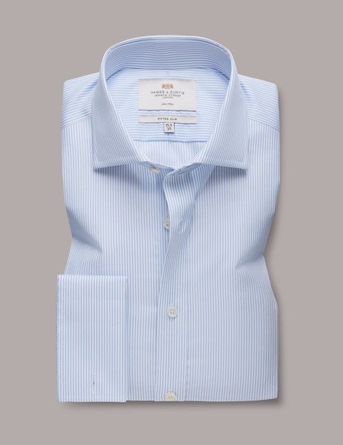 Non-Iron Blue & White Stripe Fitted Slim Fit Shirt - Windsor Collar & Double Cuff-preview