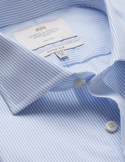 Non-Iron Blue & White Stripe Fitted Slim Fit Shirt - Windsor Collar & Double Cuff