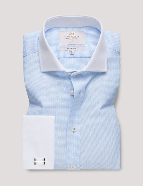 Non-Iron Blue & White Textured Weave Fitted Slim Shirt - White Collar and Cuffs-preview
