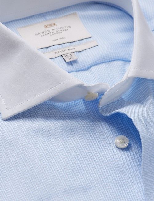 Non-Iron Blue & White Textured Weave Fitted Slim Shirt - White Collar and Cuffs