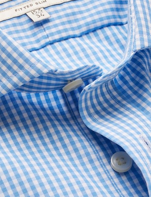 Non-Iron Blue & White Gingham Fitted Slim Shirt - Windsor Collar-preview