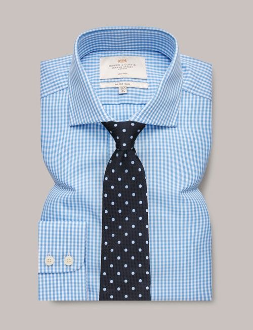 Non-Iron Blue & White Gingham Fitted Slim Shirt - Windsor Collar