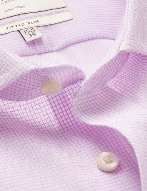 Non-Iron Lilac & White Small Check Fitted Slim Shirt With Windsor Collar-preview