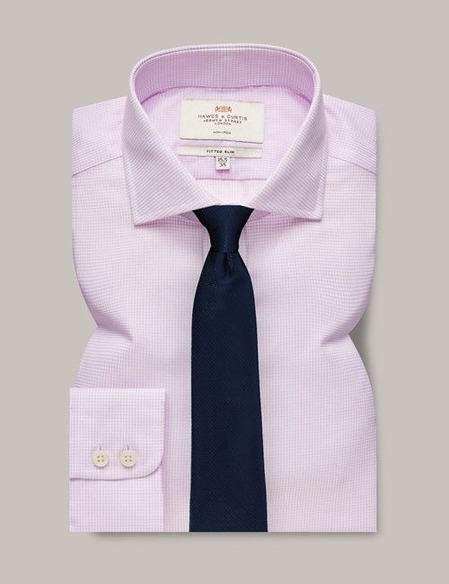 Non-Iron Lilac & White Small Check Fitted Slim Shirt With Windsor Collar