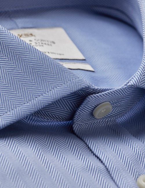 Blue Herringbone Fitted Slim Shirt - Windsor Collar
