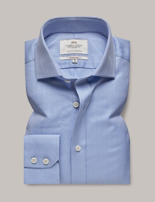 Blue Herringbone Fitted Slim Shirt - Windsor Collar-preview