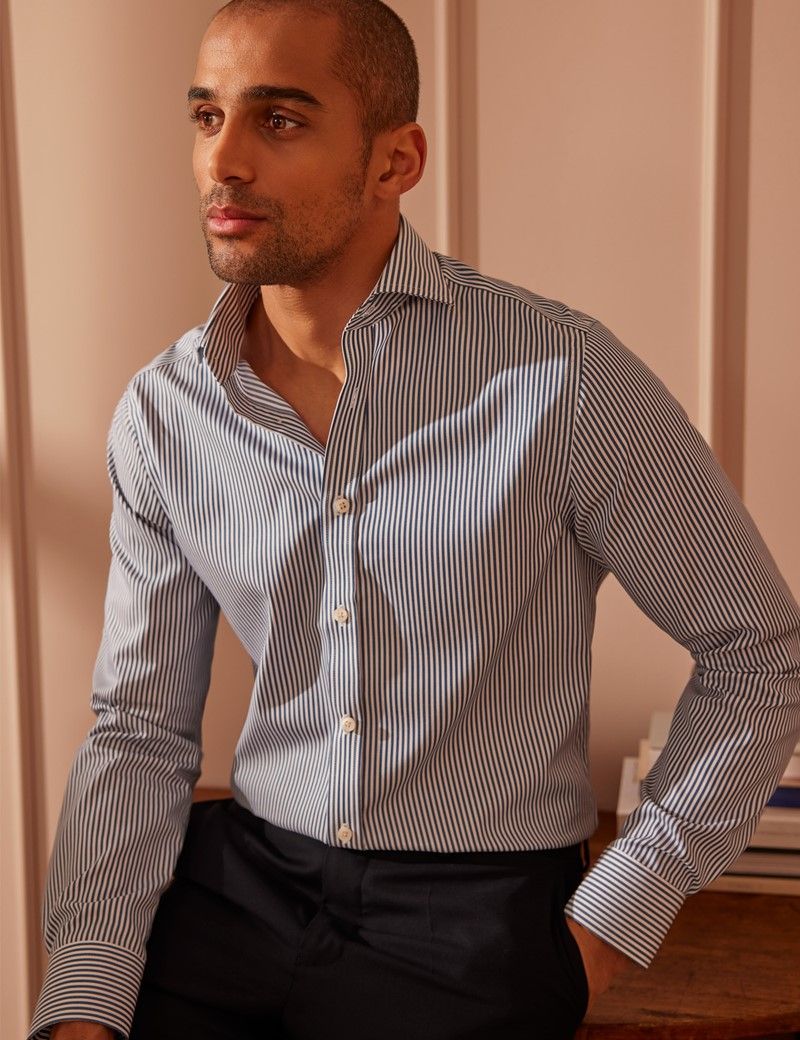 Mens Non Iron Navy And White Bengal Stripe Fitted Slim Shirt Windsor