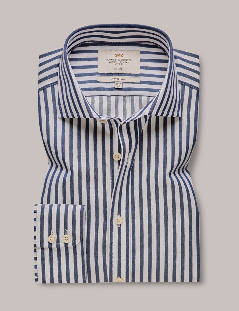 Mens Non Iron Navy And White Bold Stripe Fitted Slim Shirt Windsor