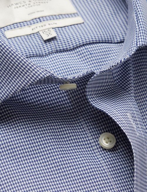Non-Iron Navy & White Dogstooth Fitted Slim Shirt - Windsor Collar