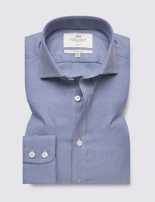 Non-Iron Navy & White Dogstooth Fitted Slim Shirt - Windsor Collar-preview