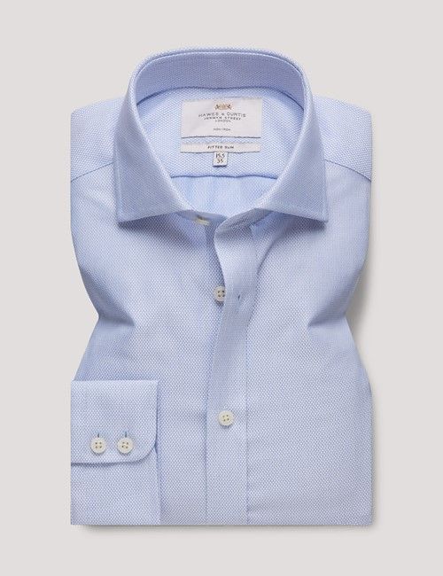 Non-Iron Blue & White Textured Weave Fitted Slim Shirt - Windsor Collar-preview