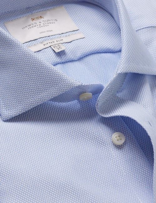 Non-Iron Blue & White Textured Weave Fitted Slim Shirt - Windsor Collar