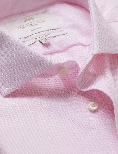Non-Iron Pink & White Textured Weave Fitted Slim Shirt - Windsor Collar