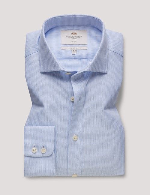 Non-Iron Blue & White Textured Weave Fitted Slim Fit Shirt - Windsor Collar-preview