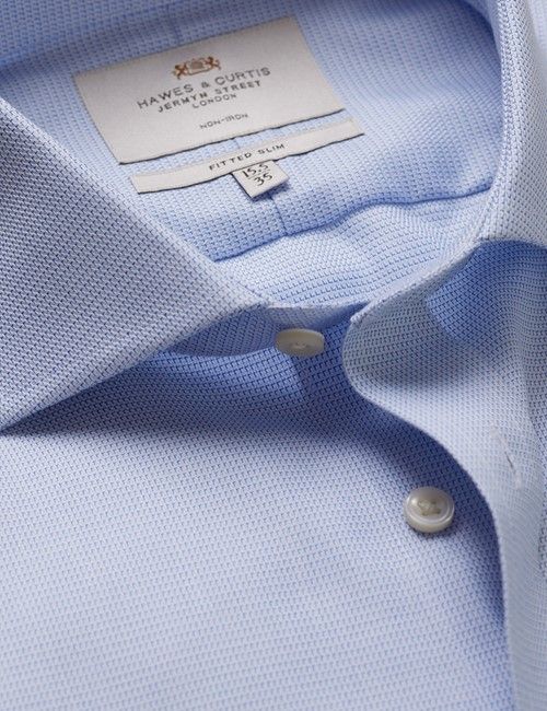 Non-Iron Blue & White Textured Weave Fitted Slim Fit Shirt - Windsor Collar