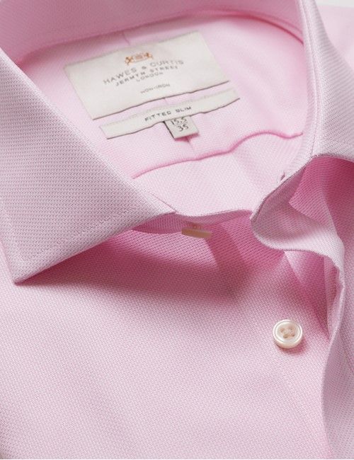 Non-Iron Pink & White Textured Weave Fitted Slim Fit Shirt - Windsor Collar