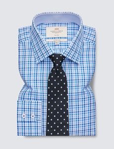Non Iron Blue & Navy Multi Check Fitted Slim Shirt With Contrast Detail - Single Cuffs-preview2