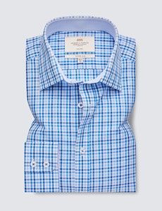 Non Iron Blue & Navy Multi Check Fitted Slim Shirt With Contrast Detail - Single Cuffs-preview1