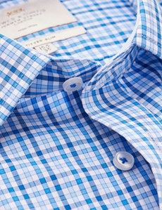 Non Iron Blue & Navy Multi Check Fitted Slim Shirt With Contrast Detail - Single Cuffs