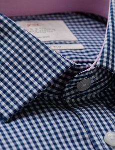 Non-Iron Navy & White Gingham Fitted Slim Shirt - Contrast Detail-preview1