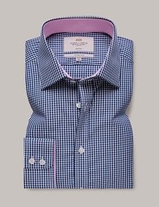 Non-Iron Navy & White Gingham Fitted Slim Shirt - Contrast Detail