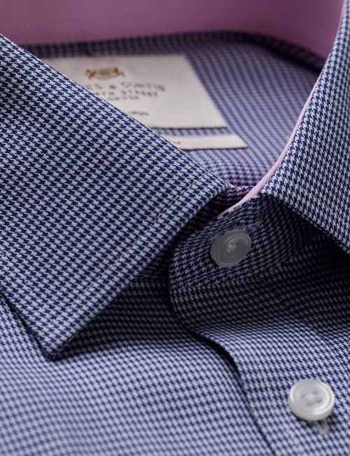 Non-Iron Navy & White Dogtooth Fitted Slim Shirt - Contrast Detail