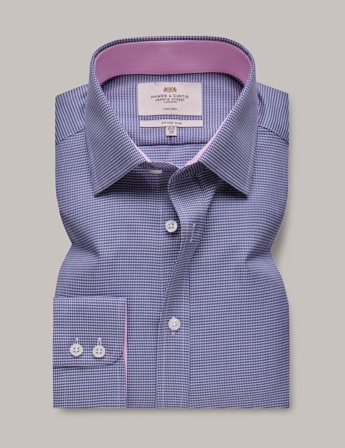 Non-Iron Navy & White Dogtooth Fitted Slim Shirt - Contrast Detail-preview
