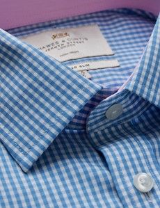 Non-Iron Blue & White Gingham Check Fitted Slim Shirt - Contrast Detail