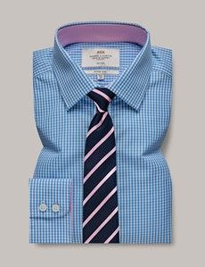 Non-Iron Blue & White Gingham Check Fitted Slim Shirt - Contrast Detail-preview2