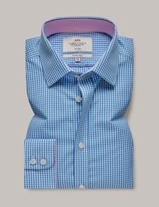 Non-Iron Blue & White Gingham Check Fitted Slim Shirt - Contrast Detail-preview1