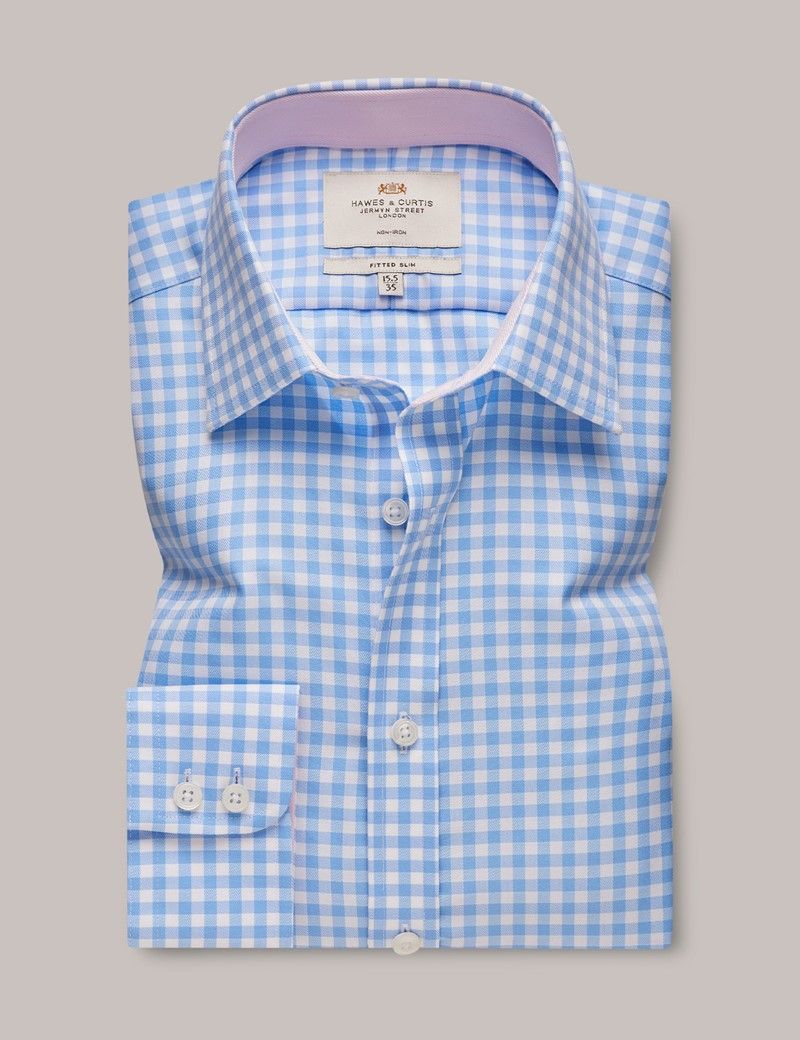 Men's Non-Iron Blue & White Check Fitted Slim Shirt - Contrast Detail ...