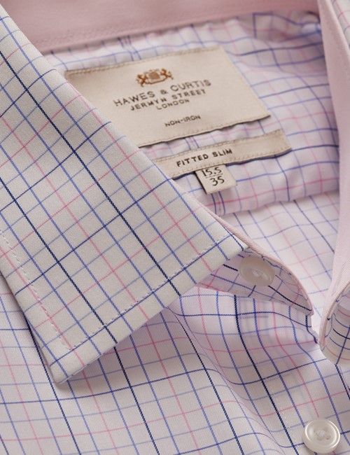 Non-Iron Blue & Pink Multi Check Fitted Slim Shirt - Contrast Detail