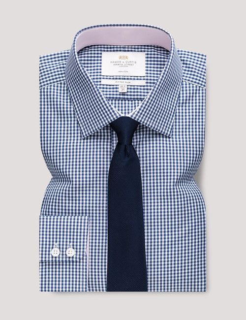 Non-Iron Navy & White Gingham Check Fitted Slim Shirt - Contrast Detail-preview