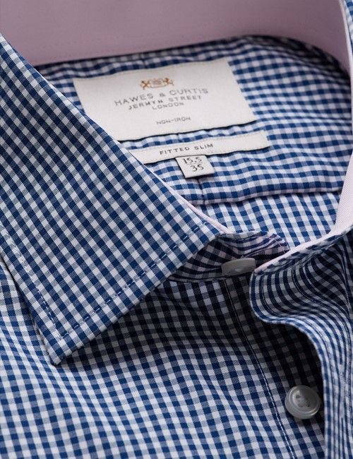 Non-Iron Navy & White Gingham Check Fitted Slim Shirt - Contrast Detail