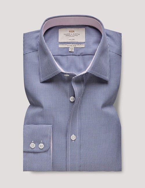 Non-Iron Navy & White Dogtooth Fitted Slim Shirt - Contrast Detail-preview