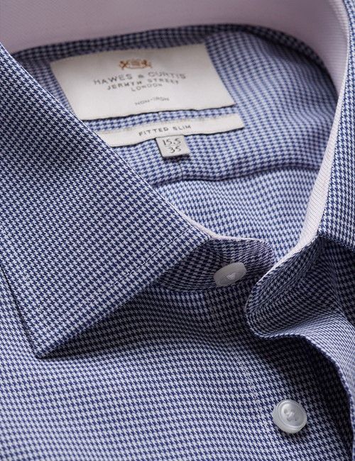 Non-Iron Navy & White Dogtooth Fitted Slim Shirt - Contrast Detail
