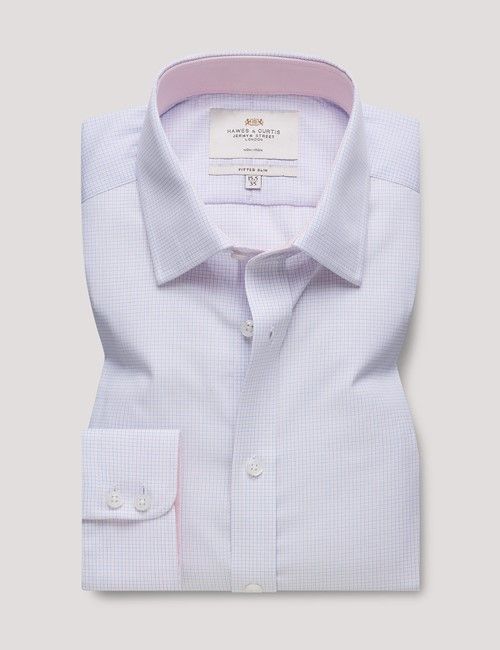 Non-Iron Blue & Pink Mini Check Fitted Slim Shirt - Contrast Detail-preview