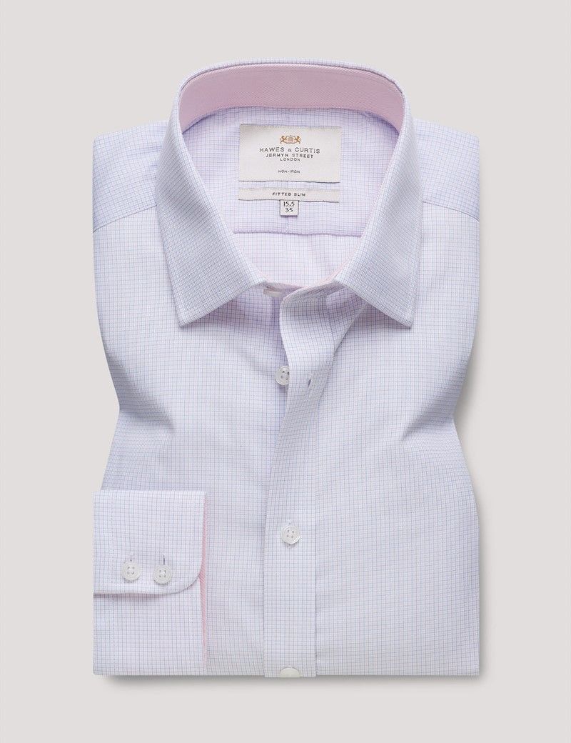 Fitted Slim Blue & Pink Mini Plaid Non-Iron Shirt - Contrast Detail-preview