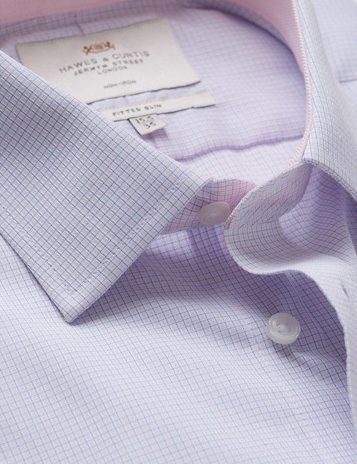 Non-Iron Blue & Pink Mini Check Fitted Slim Shirt - Contrast Detail