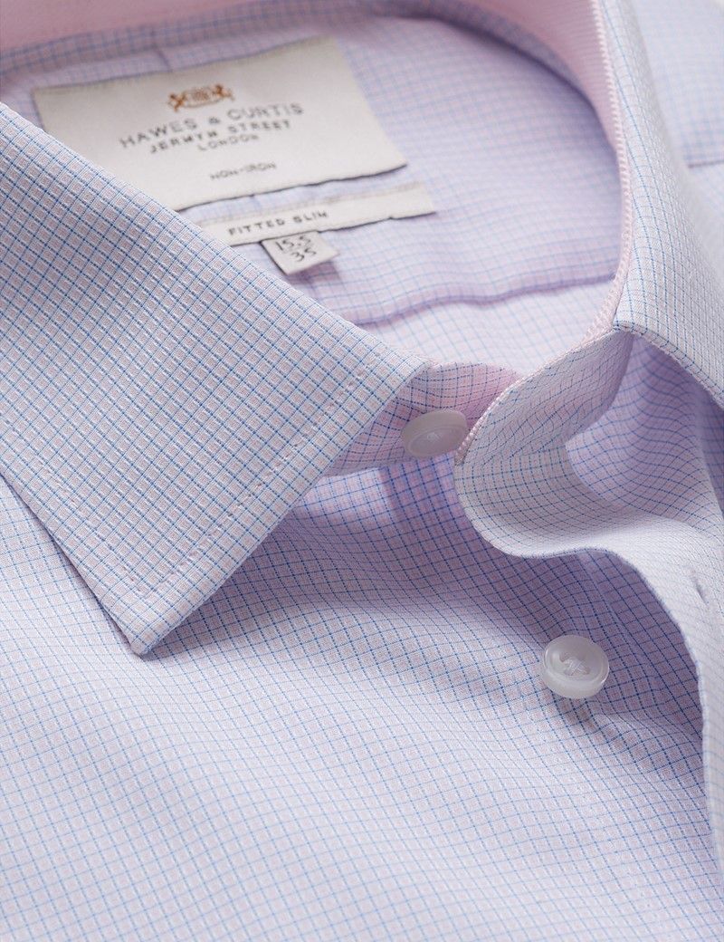 Fitted Slim Blue & Pink Mini Plaid Non-Iron Shirt - Contrast Detail