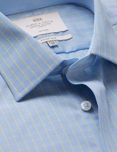 Fitted Slim Blue & Yellow Plaid Non-Iron Shirt - Contrast Detail