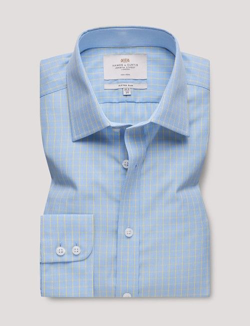 Non-Iron Blue & Yellow Check Fitted Slim Shirt - Contrast Detail-preview