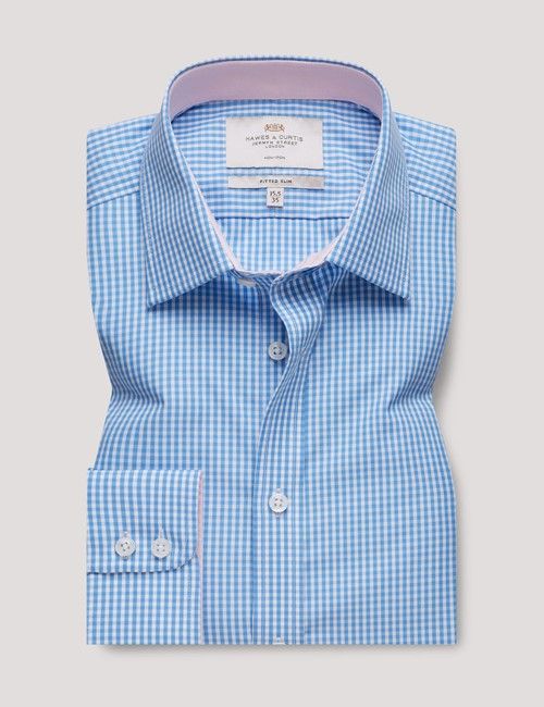 Non-Iron Blue & White Gingham Check Fitted Slim Fit Shirt - Contrast Detail-preview