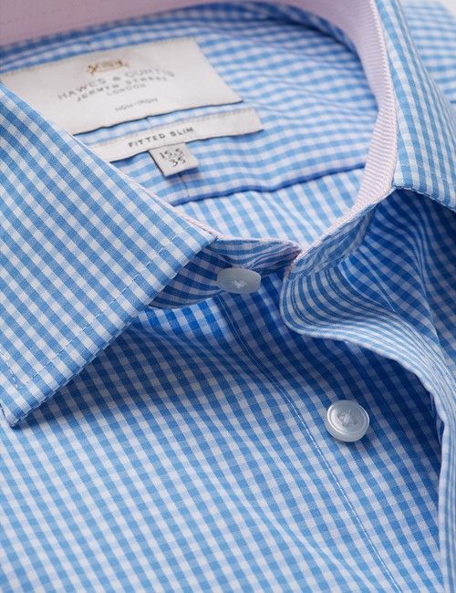 Non-Iron Blue & White Gingham Check Fitted Slim Fit Shirt - Contrast Detail