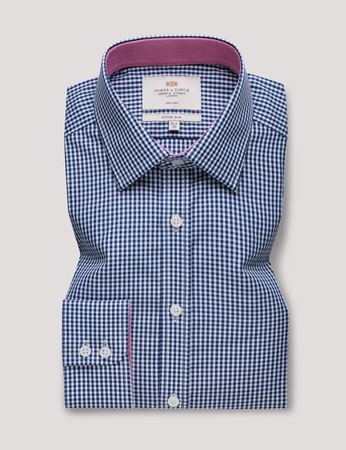 Non-Iron Navy & White Gingham Fitted Slim Shirt - Contrast Detail-preview