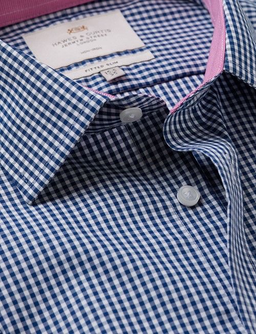Non-Iron Navy & White Gingham Fitted Slim Shirt - Contrast Detail