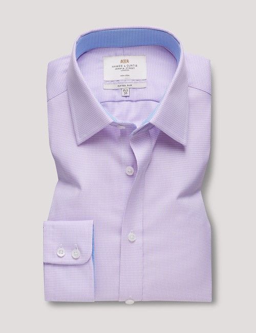 Non-Iron Lilac & White Dogtooth Fitted Slim Shirt - Contrast Detail-preview