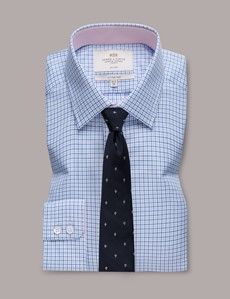Non-Iron Blue & Navy Check Fitted Slim Fit Shirt - Contrast Detail-preview2