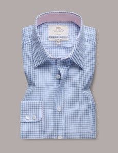 Non-Iron Blue & Navy Check Fitted Slim Fit Shirt - Contrast Detail-preview1